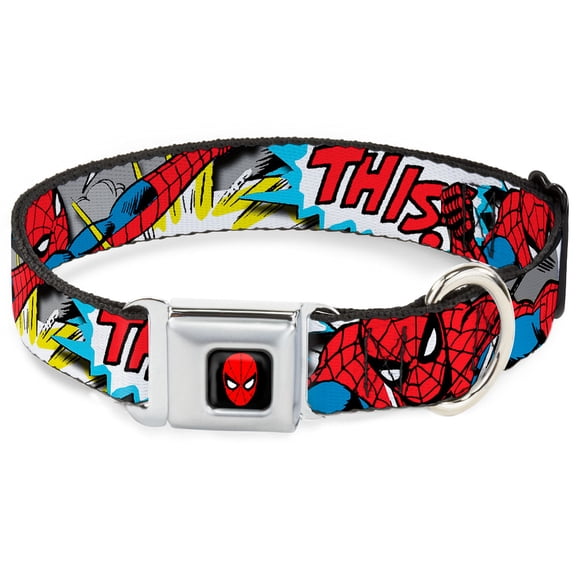 Marvel Comics Pet Collar, Dog Collar Metal Seatbelt Buckle, Spider Man Action Verbiage, 16 to 23 Inches 1.5 Inch Wide