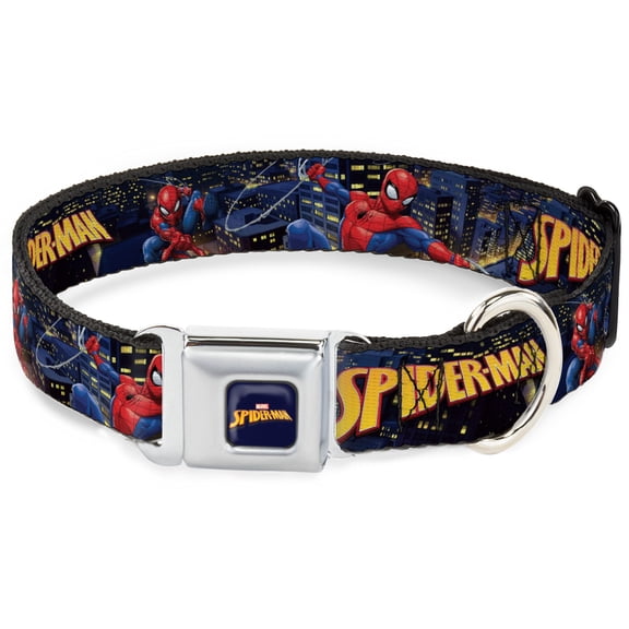 Marvel Comics Pet Collar, Dog Collar Metal Seatbelt Buckle, Spider Man Title Logo and Action Skyline Poses, 16 to 23 Inches 1.5 Inch Wide