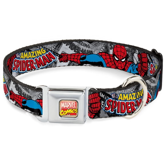 Marvel Comics Pet Collar, Dog Collar Metal Seatbelt Buckle, The Amazing Spider Man Stacked Comic Books Action Poses, 16 to 23 Inches 1.5 Inch Wide