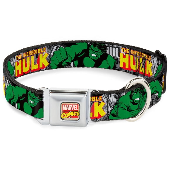 Marvel Comics Pet Collar, Dog Collar Metal Seatbelt Buckle, The Incredible Hulk Action Poses Stacked Comics, 9.5 to 13 Inches 1.0 Inch Wide