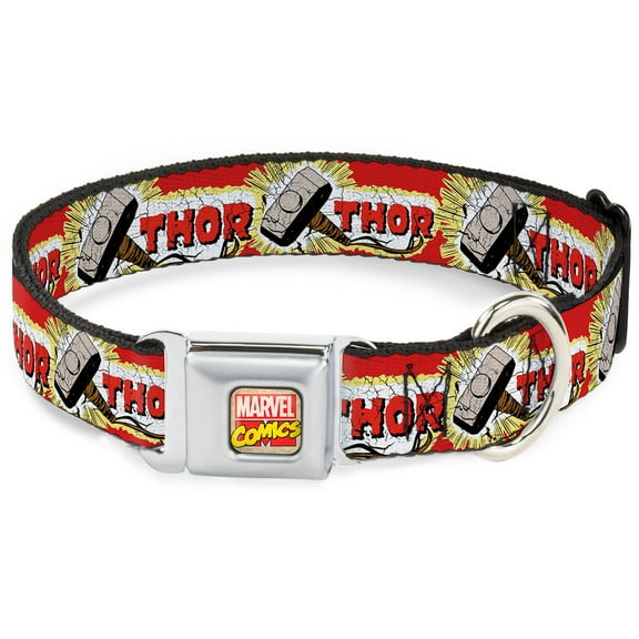 Marvel Comics Pet Collar, Dog Collar Metal Seatbelt Buckle, Thor Hammer Red Yellow White, 9.5 to 13 Inches 1.0 Inch Wide