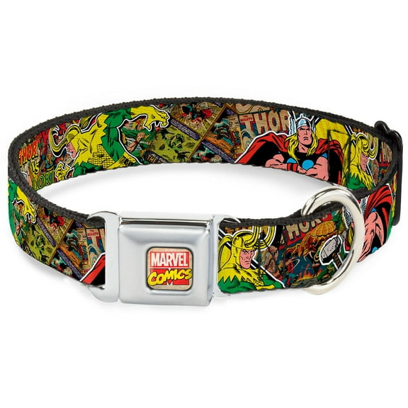 Marvel Comics Pet Collar, Dog Collar Metal Seatbelt Buckle, Thor Loki Poses Retro Comic Books Stacked, 16 to 23 Inches 1.5 Inch Wide