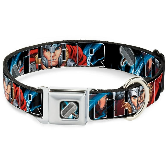 Marvel Comics Pet Collar, Dog Collar Metal Seatbelt Buckle, Thor Poses Hammer, 9.5 to 13 Inches 1.0 Inch Wide