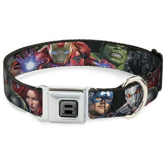 Marvel Comics Pet Collar, Dog Collar Metal Seatbelt Buckle, Vivid Avengers Action Poses, 15 to 24 Inches 1.0 Inch Wide
