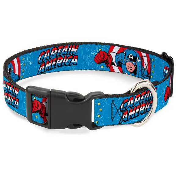Marvel Comics Pet Collar, Dog Collar Plastic Buckle, Captain America Action Pose Weathered Blue, 7 to 8.5 Inches 0.5 Inch Wide