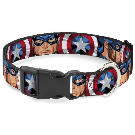 Marvel Comics Pet Collar, Dog Collar Plastic Buckle, Captain America Face Turns Shield Close Up, 15 to 24 Inches 1.0 Inch Wide