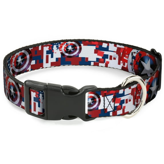 Marvel Comics Pet Collar, Dog Collar Plastic Buckle, Captain America Shield Digital Camo Blue White Red, 15 to 24 Inches 1.0 Inch Wide