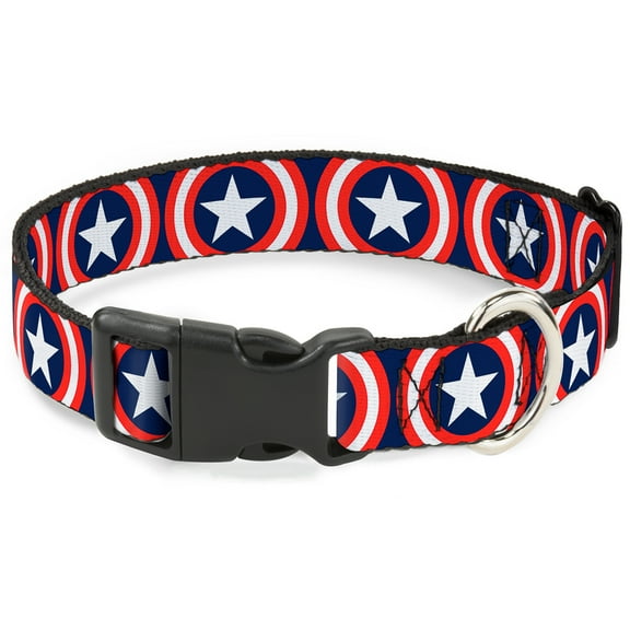 Marvel Comics Pet Collar, Dog Collar Plastic Buckle, Captain America Shield Repeat Navy, 11 to 16.5 Inches 1.0 Inch Wide