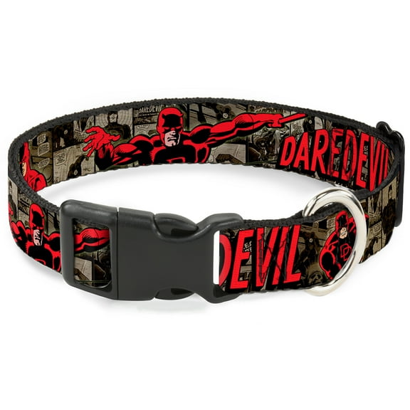 Marvel Comics Pet Collar, Dog Collar Plastic Buckle, Daredevil Action Poses Comic Panels Grays Red, 9.5 to 13 Inches 1.0 Inch Wide