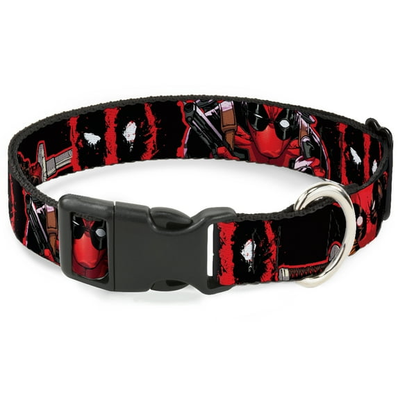 Marvel Comics Pet Collar, Dog Collar Plastic Buckle, Deadpool Action Poses Splatter Logo Black Red White, 15 to 24 Inches 1.0 Inch Wide