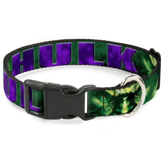 Marvel Comics Pet Collar, Dog Collar Plastic Buckle, Hulk Face Close Up Action Pose Greens Purples, 20 to 31 Inches 1.5 Inch Wide