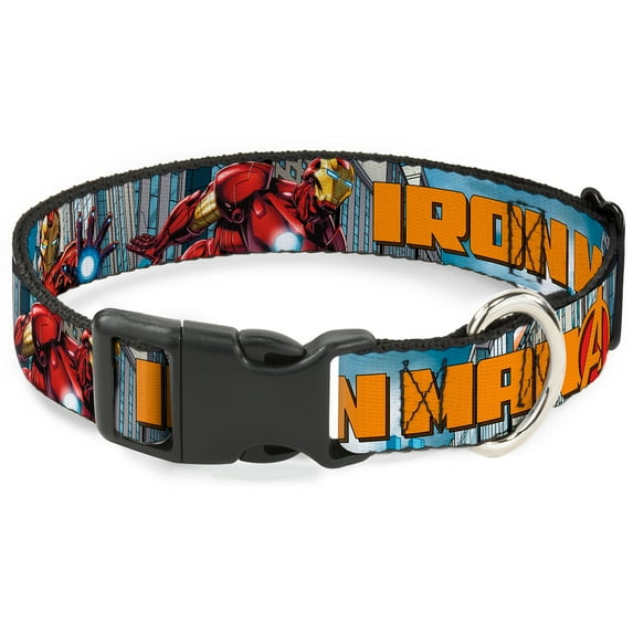 Marvel Comics Pet Collar, Dog Collar Plastic Buckle, Iron Man Avengers Logo Cityscape, 15 to 24 Inches 1.0 Inch Wide