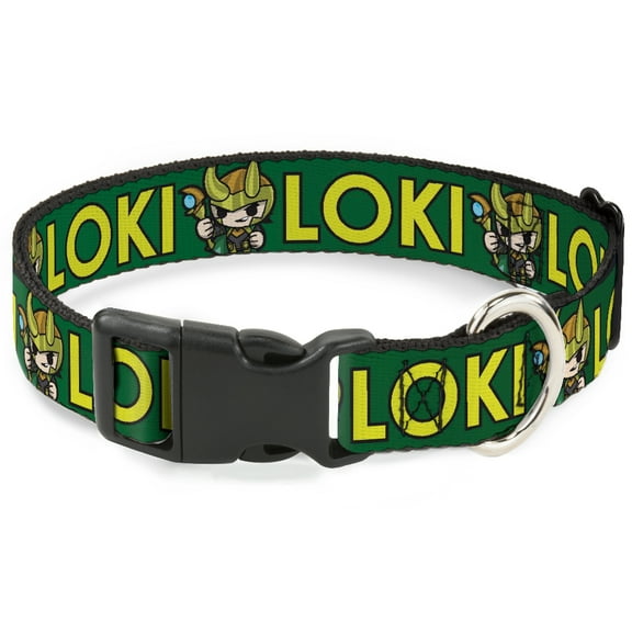 Marvel Comics Pet Collar, Dog Collar Plastic Buckle, Kawaii Loki Standing Pose Text Green Yellow, 7 to 8.5 Inches 0.5 Inch Wide