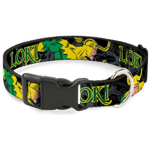 Marvel Comics Pet Collar, Dog Collar Plastic Buckle, Loki In Action Black Gray Yellow Green, 7 to 8.5 Inches 0.5 Inch Wide