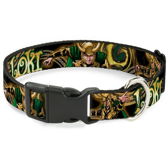 Marvel Comics Pet Collar, Dog Collar Plastic Buckle, Loki Poses Black Gold Green, 7 to 8.5 Inches 0.5 Inch Wide