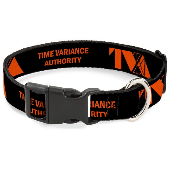 Marvel Comics Pet Collar, Dog Collar Plastic Buckle, Loki Series TVA Time Variance Authority Text Black Orange, 15 to 24 Inches 1.0 Inch Wide