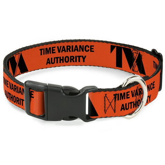Marvel Comics Pet Collar, Dog Collar Plastic Buckle, Loki Series TVA Time Variance Authority Text Orange Black, 7 to 8.5 Inches 0.5 Inch Wide