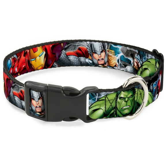 Marvel Comics Pet Collar, Dog Collar Plastic Buckle, Marvel Avengers Superhero Poses Close Up, 20 to 31 Inches 1.5 Inch Wide