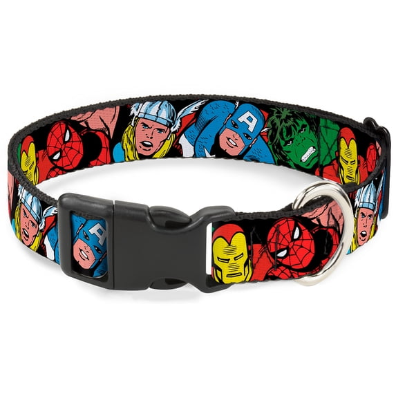 Marvel Comics Pet Collar, Dog Collar Plastic Buckle, Marvel Characters Black, 7 to 8.5 Inches 0.5 Inch Wide
