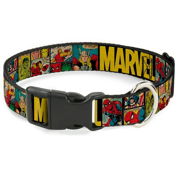 Marvel Comics Pet Collar, Dog Collar Plastic Buckle, Marvel Retro Comic Panels Black Yellow, 7 to 8.5 Inches 0.5 Inch Wide