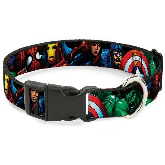 Marvel Comics Pet Collar, Dog Collar Plastic Buckle, Marvel Universe Superheroes Stacked, 7 to 8.5 Inches 0.5 Inch Wide