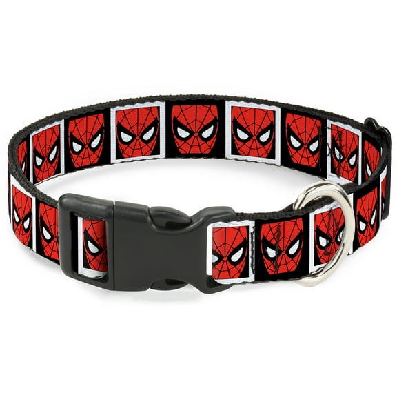 Marvel Comics Pet Collar, Dog Collar Plastic Buckle, Spider Man Face Black White Blocks, 7 to 8.5 Inches 0.5 Inch Wide
