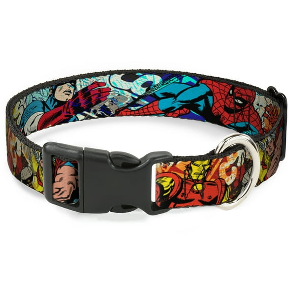 Marvel Comics Pet Collar, Dog Collar Plastic Buckle, Superhero Action Poses Comic Scenes White Black Splatter, 9.5 to 14.5 Inches 0.5 Inch Wide