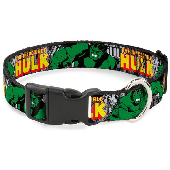 Marvel Comics Pet Collar, Dog Collar Plastic Buckle, The Incredible Hulk Action Poses Stacked Comics, 8.5 to 12 Inches 0.5 Inch Wide