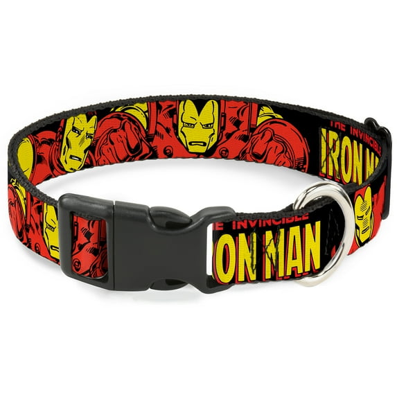 Marvel Comics Pet Collar, Dog Collar Plastic Buckle, The Invincible Iron Man Action Poses Black Red Yellow, 15 to 24 Inches 1.0 Inch Wide