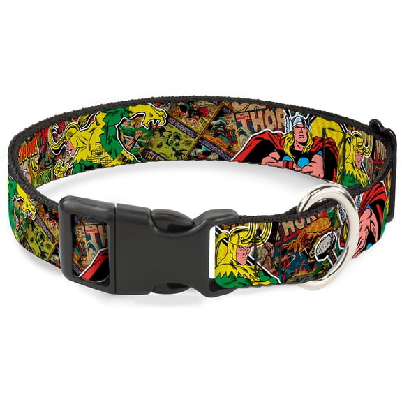 Marvel Comics Pet Collar, Dog Collar Plastic Buckle, Thor Loki Poses Retro Comic Books Stacked, 15 to 24 Inches 1.0 Inch Wide