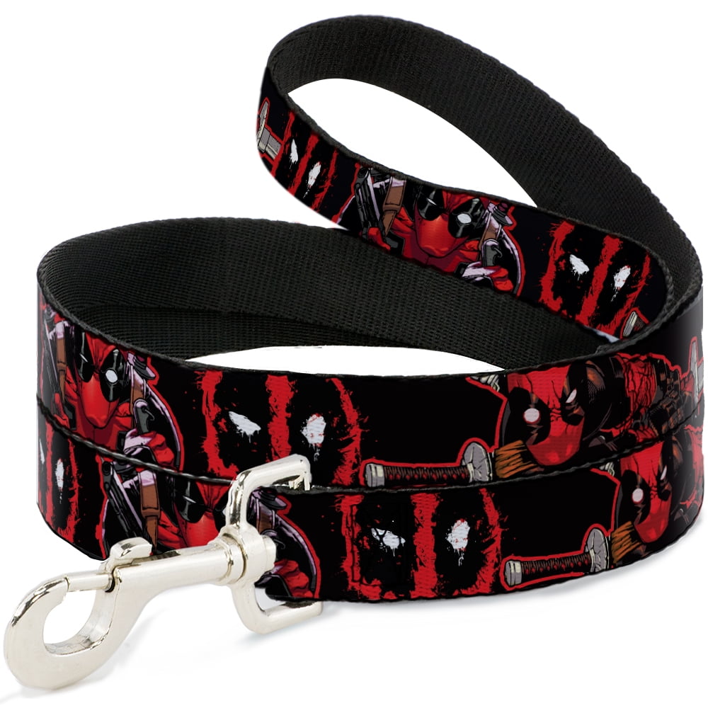 Marvel Comics Pet Leash, Dog Leash, Deadpool Action Poses Splatter Logo Black Red White, 6 Feet Long 1.0 Inch Wide