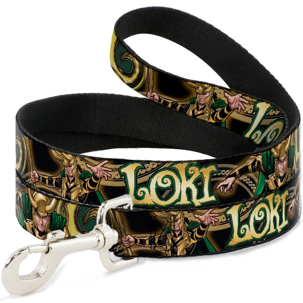 Marvel Comics Pet Leash, Dog Leash, Loki Poses Black Gold Green, 4 Feet Long 1.0 Inch Wide