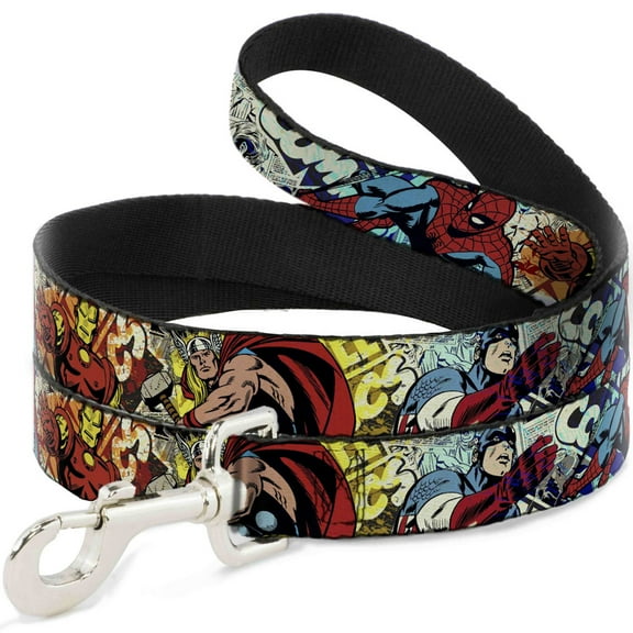 Marvel Comics Pet Leash, Dog Leash, Superhero Action Poses Comic Scenes White Black Splatter, 4 Feet Long 1.0 Inch Wide