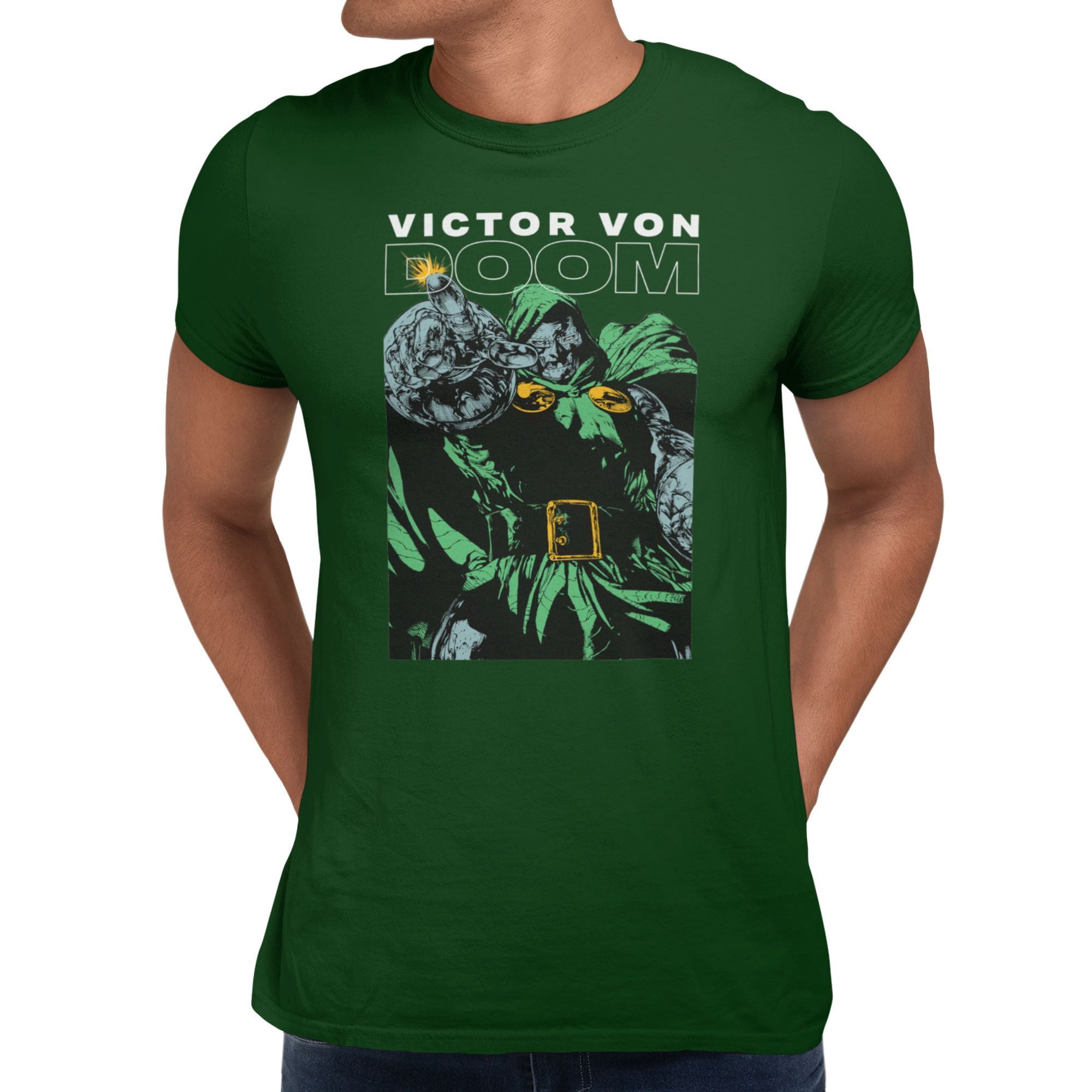 Marvel Comics Retro Doctor Doom Point Of A Name Mens T-Shirt (Forest ...