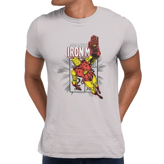Marvel Comics Retro Iron Man Flying Pose Classic Armor Mens T-Shirt (Ice Grey, S-XXXL)