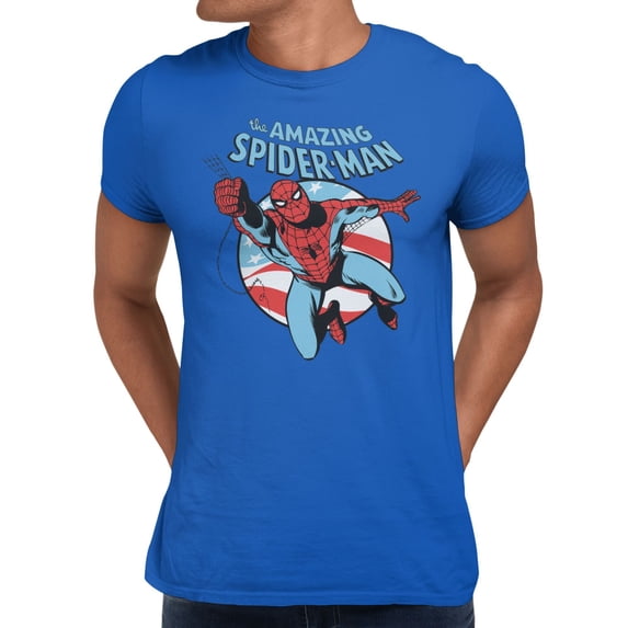 Marvel Comics Retro Men's Spider-Man Swinging Flag Circle T Shirt (Royal, S-XXL)