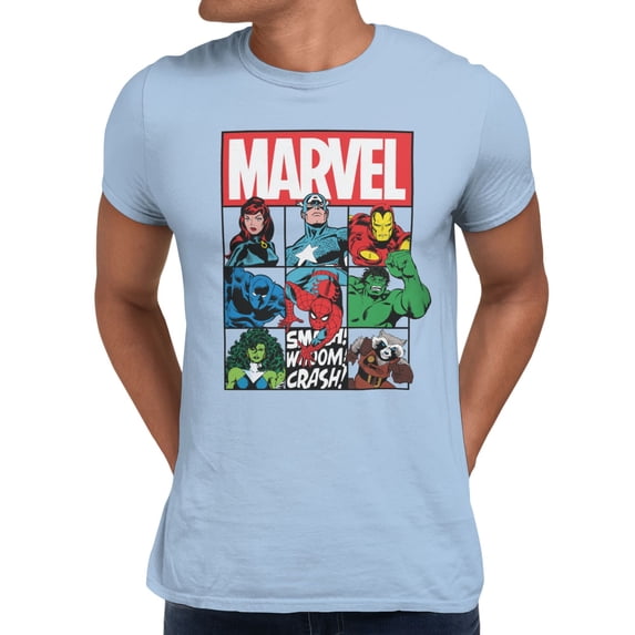 Marvel Comics Retro Vintage Super Hero Box Up Mens T-Shirt (Light Blue, S-XXXL)