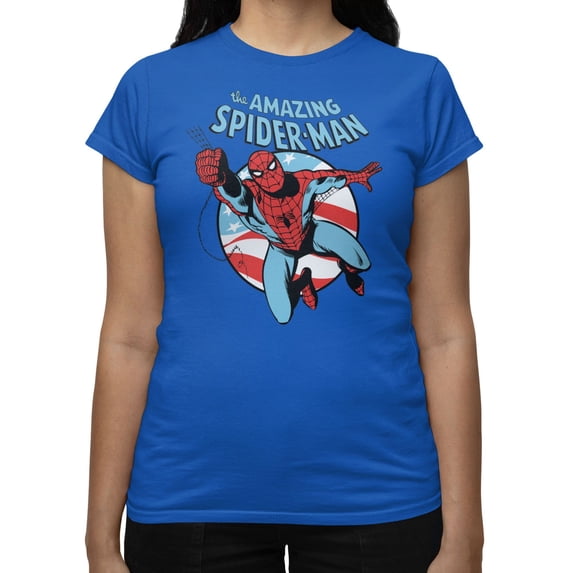 Marvel Comics Retro Women's Spider-Man Swinging Flag Circle T Shirt (Royal, S-XXXL)