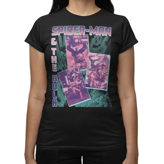 Marvel Comics Retro Women's Spider-Man and Hulk Action Panels T-Shirt (Black, S-XXL)