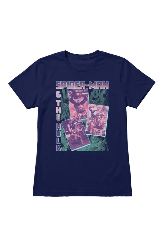 Comics Retro Women's Spider-Man and Hulk Action Panels T-Shirt (Iris Navy, S-XXL)