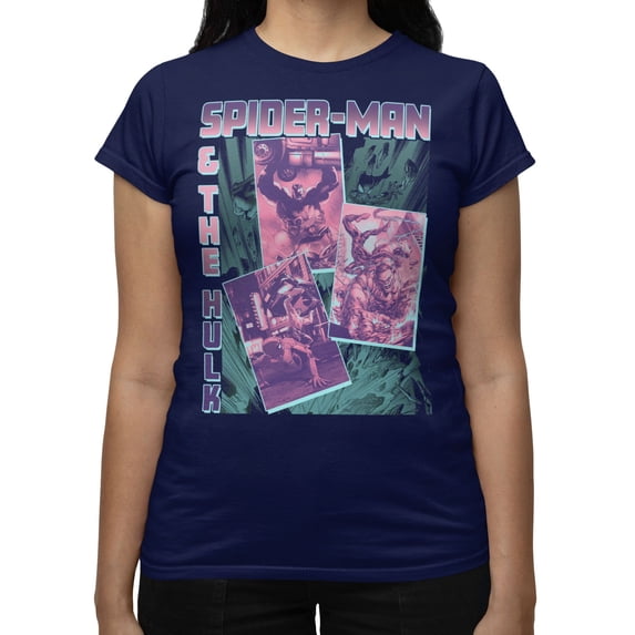 Marvel Comics Retro Women's Spider-Man and Hulk Action Panels T-Shirt (Iris Navy, S-XXL)