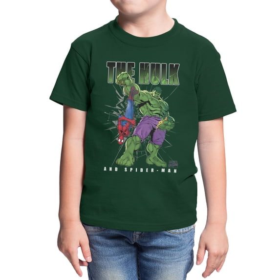 Marvel Comics Retro Youth Hulk And Spider-Man Pizza Smash Duo T-Shirt (Forest Green, XS-XL)