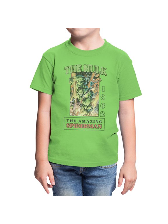 Comics Retro Youth Hulk vs Spider-Man 1962 Vintage Scene T-Shirt (Lime Green, XS-XL)