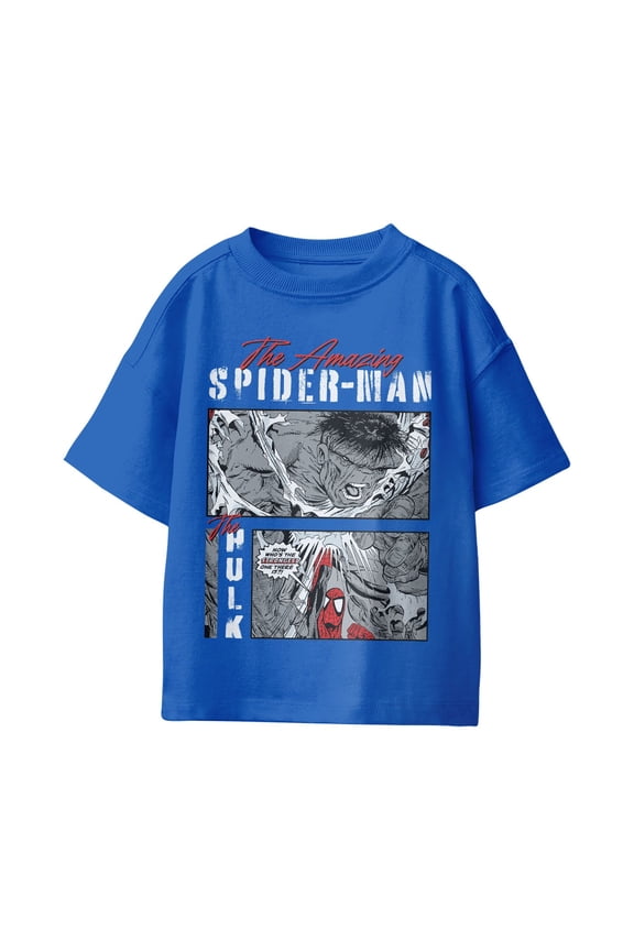 Comics Retro Youth Spider-Man & the Hulk Action Packed T-Shirt (Royal, XS-XL)