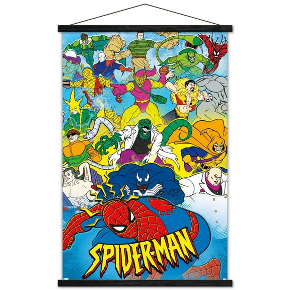 Marvel Comics - Spider-Man - 90s Animated Wall Poster with Wooden Magnetic Frame, 22.375" x 34"