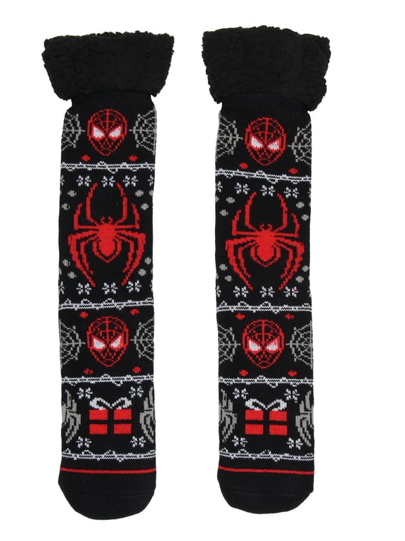 Comics Spider-Man Men's Ugly Christmas Sweater Knit Miles Morales Faux Shearling Lined Thick Fuzzy Slipper Socks
