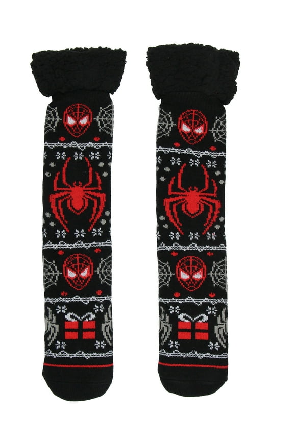Marvel Comics Spider-Man Men's Ugly Christmas Sweater Knit Miles Morales Faux Shearling Lined Thick Fuzzy Slipper Socks