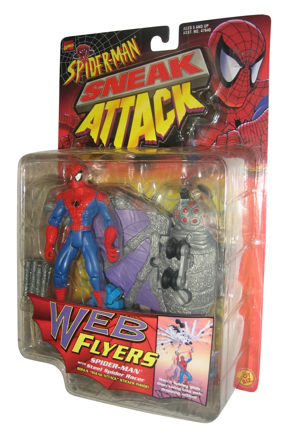 Marvel Comics Spiderman Sneak Attack Web Flyers Toy Biz Figure w/ Steel  Racer