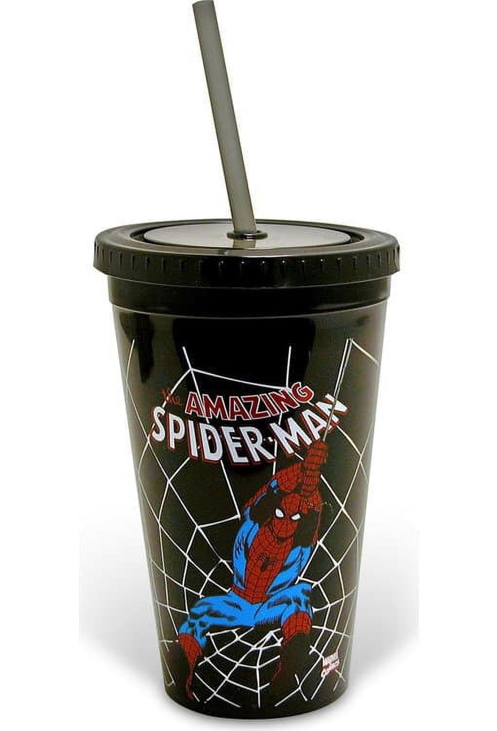 Marvel Comics: Spiderman: Swings: Black 16 oz. Plastic Cup with Lid & Straw