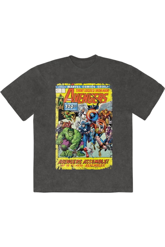 Marvel Comics Unisex Stone Wash T-Shirt Avengers Assemble 700 (Charcoal Grey) (Medium)